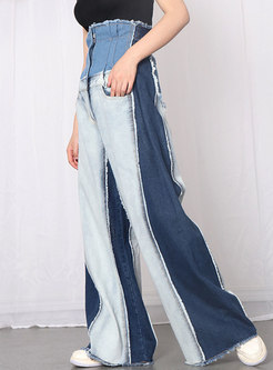 Color-blocked High Waisted Denim Patchwork Palazzo Pants