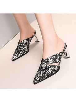 Pointed Toe Print Chunky Heel Slippers