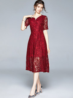 Wine Red V-neck Openwork Lace Cocktail Dress