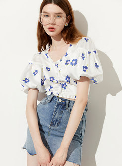 Crew Neck Print Pullover Cropped Blouse
