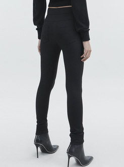 Black High Waisted Slim Pencil Pants With Buttons