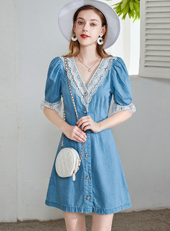 Lace Patchwork V-neck Half Sleeve Mini Dress
