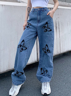 High Waisted Butterfly Print Wide Leg Jeans