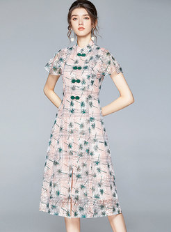 Mandarin Collar Print A Line Openwork Midi Lace Dress