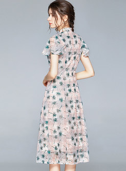 Mandarin Collar Print A Line Openwork Midi Lace Dress
