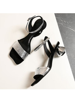 Sliver Square Toe Buckle Chunky Heel Sandals