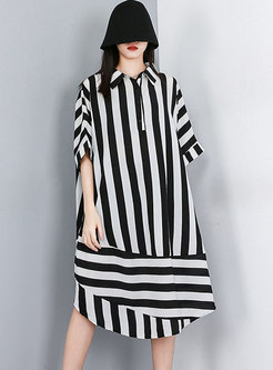 Lapel Half Sleeve Striped Shift Shirt Dress