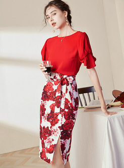 Red Half Sleeve Print Sheath Slit Skirt Suits