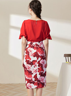 Red Half Sleeve Print Sheath Slit Skirt Suits