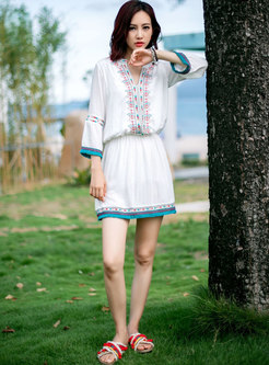 V-neck Long Sleeve Embroidered Mini Beach Dress