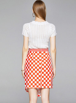 Lace Patchwork Knit Top & Plaid Sheath Skirt
