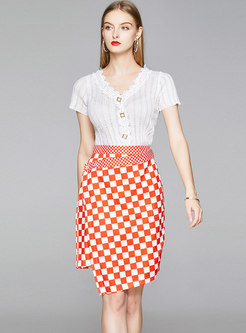 Lace Patchwork Knit Top & Plaid Sheath Skirt