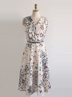 V-neck Sleeveless Print High Waisted Midi Dress