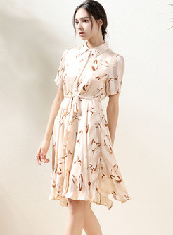 Lapel Short Sleeve Print A Line Chiffon Dress