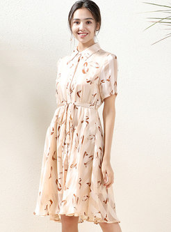 Lapel Short Sleeve Print A Line Chiffon Dress