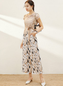 Lace Openwork Pullover Top & Print Palazzo Pants