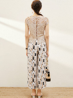 Lace Openwork Pullover Top & Print Palazzo Pants