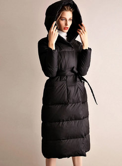 Solid Color Long Puffer Coat With Belt