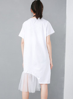 Short Sleeve Print Mesh Patchwork T-shirt Dress