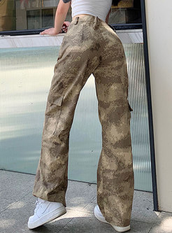 High Waisted Camouflage Straight Cargo Pants