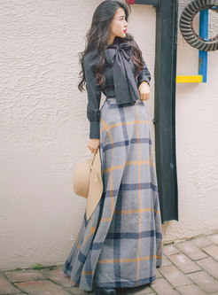 Bowknot Mock Neck High Waisted Plaid Long Skirt Suits