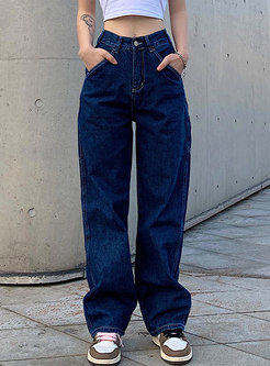 High Waisted Loose Straight Long Jeans