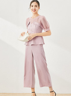 Mesh Patchwork Crew Neck Straight Pant Suits