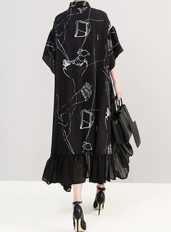 Black Print Half Sleeve Loose Shirt Maxi Dress
