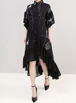 Black Print Half Sleeve Loose Shirt Maxi Dress
