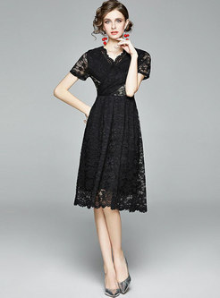 Black V-neck Short Sleeve Openwork Lace Dress