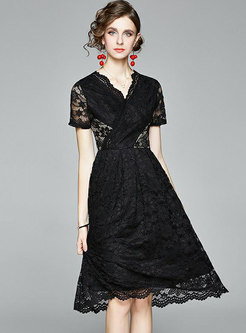 Black V-neck Short Sleeve Openwork Lace Dress