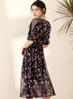 Black Floral Half Sleeve Chiffon Midi Dress