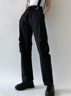 Black High Waisted Cargo Pants With Ribbon