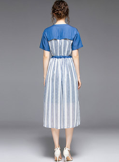 Polka Dot Striped Patchwork Denim Midi Dress