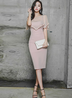 Pink Lace Patchwork Ruffle Sleeve Bodycon Dress