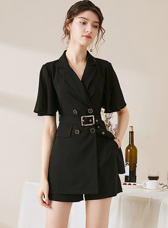 Black Notched Slim High Waisted Belted Pant Suits
