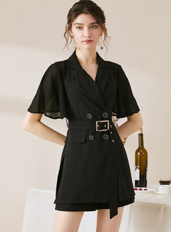Black Notched Slim High Waisted Belted Pant Suits