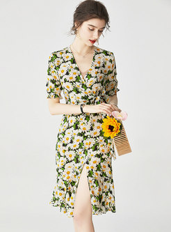 V-neck Short Sleeve Floral Slit Bodycon Dress
