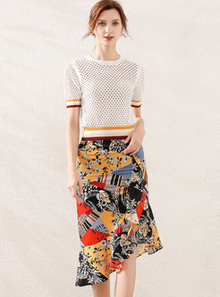 Pullover Openwork T-shirt & Print Sheath Skirt