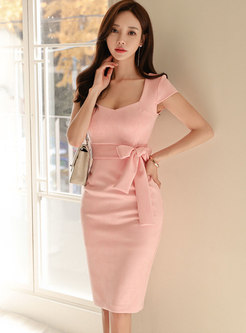 Square Bowknot Tied Bodycon Knee-length Dress