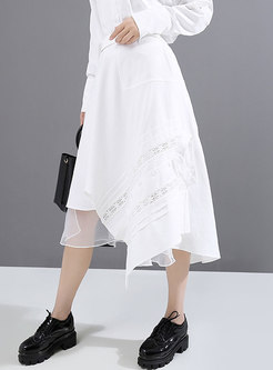 White High Waisted Mesh Patchwork Skirt