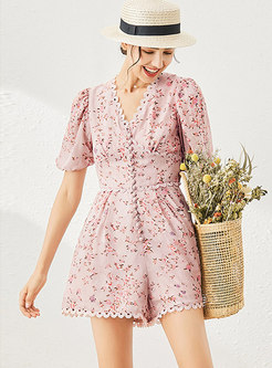 V-neck Floral Chiffon Wide Leg Rompers