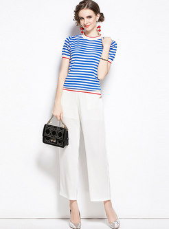 Color Block Striped Pullover Slim Pant Suits