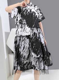 Lapel Print Mesh Patchwork Plus Size Shirt Dress