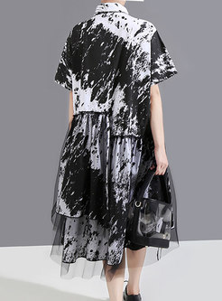 Lapel Print Mesh Patchwork Plus Size Shirt Dress