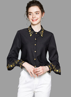 Black Long Sleeve Embroidered Loose Shirt