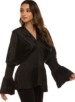 V-neck Long Sleeve Pullover Pleated Blouse