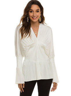V-neck Long Sleeve Pullover Pleated Blouse