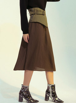 Color-blocked High Waisted Patchwork Pleated Skirt