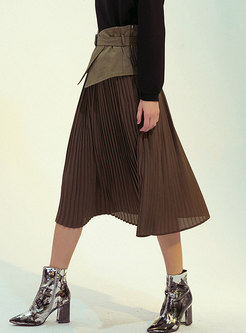 Color-blocked High Waisted Patchwork Pleated Skirt